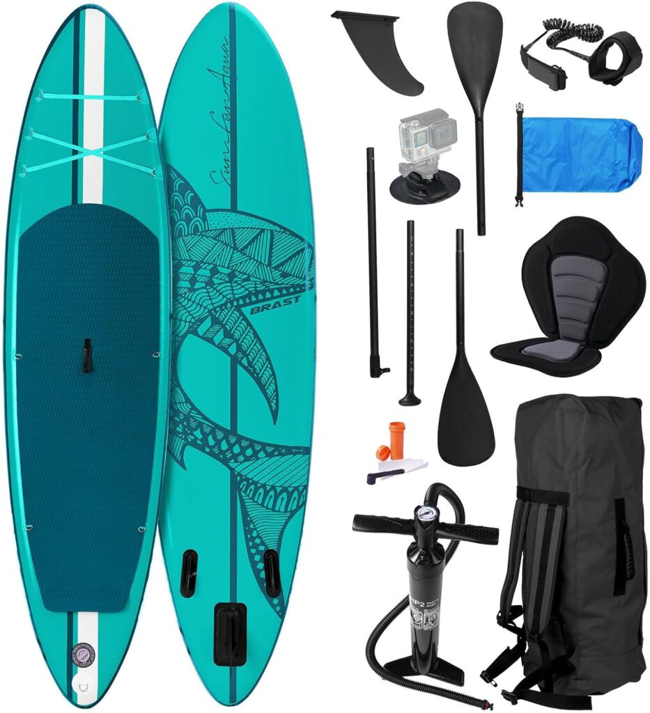 BRAST SUP Board Shark | Aufblasbares Stand up Paddle Set | 320x81x15cm | 8 Designs | 5 Jahre Garantie | inkl. Sonderzubehör | 2in1 Paddel Kajak-Sitz Action-Cam-Halterung Fußschlaufe Pumpe Rucksack