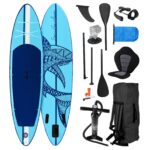 BRAST SUP Board Shark | Aufblasbares Stand up Paddle Set | 320x81x15cm | 8 Designs | 5 Jahre Garantie | inkl. Sonderzubehör | 2in1 Paddel Kajak-Sitz Action-Cam-Halterung Fußschlaufe Pumpe Rucksack