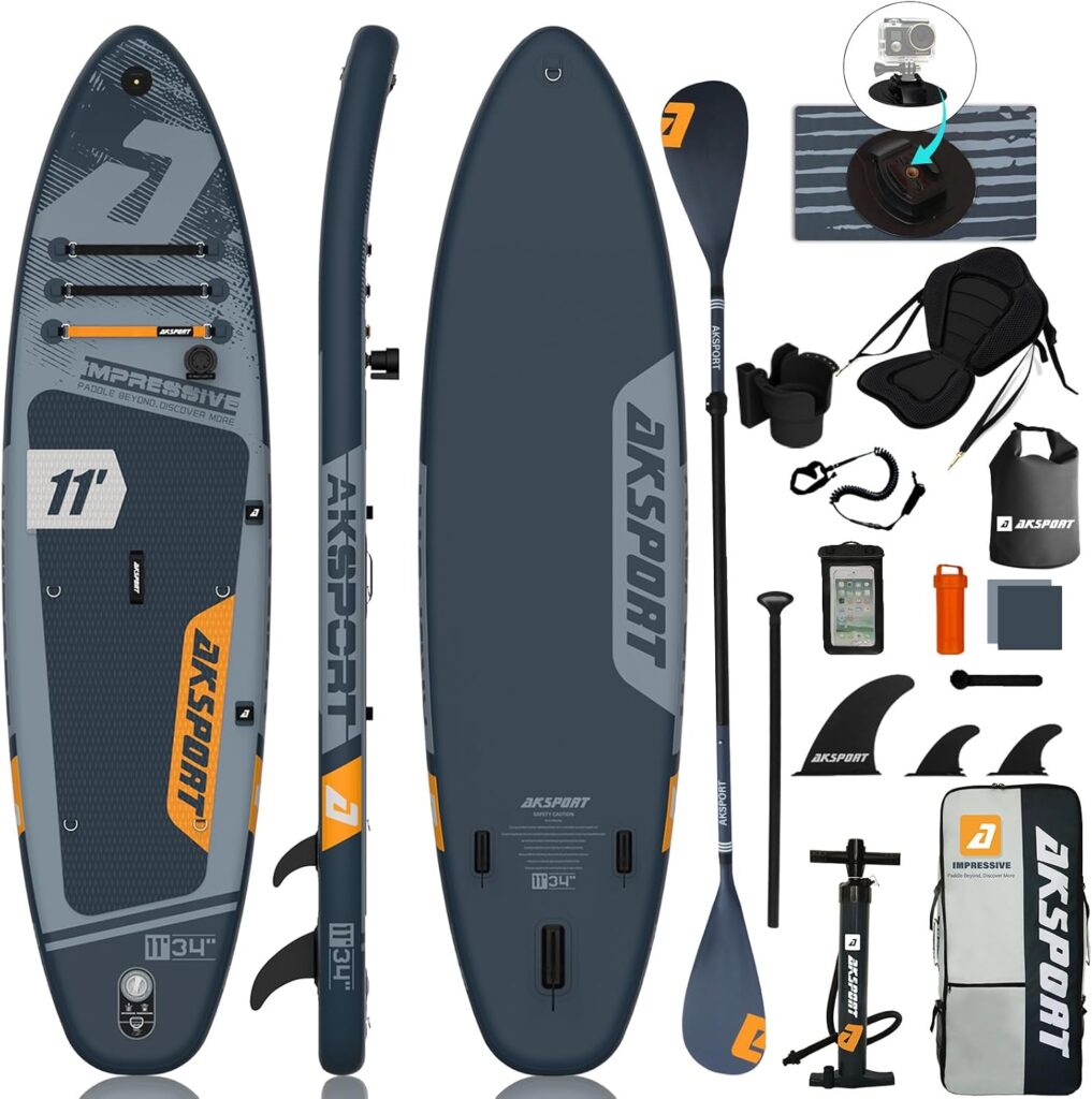 AKSPORT 11' aufblasbares SUP Board mit Premium-Zubehörset 34 Zoll extra breit rutschfeste Deckoberfläche, Stand Up Paddling Board für Erwachsene Jugendliche alle Level