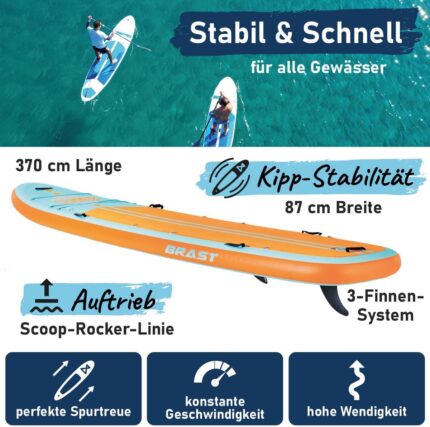 BRAST SUP Board Family | Aufblasbares Stand up Paddle Set XXL | 370x87x15cm bis 250kg | 7 Designs | inkl. Zubehör 2X Kajak-Sitz 2X Fußschlaufe 2X Paddel Pumpe Rucksack