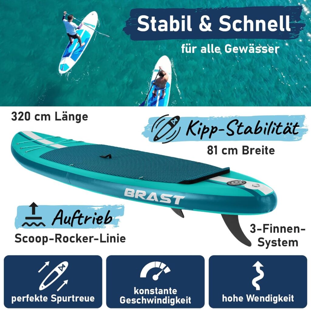 BRAST SUP Board Shark | Aufblasbares Stand up Paddle Set | 320x81x15cm | 8 Designs | 5 Jahre Garantie | inkl. Sonderzubehör | 2in1 Paddel Kajak-Sitz Action-Cam-Halterung Fußschlaufe Pumpe Rucksack