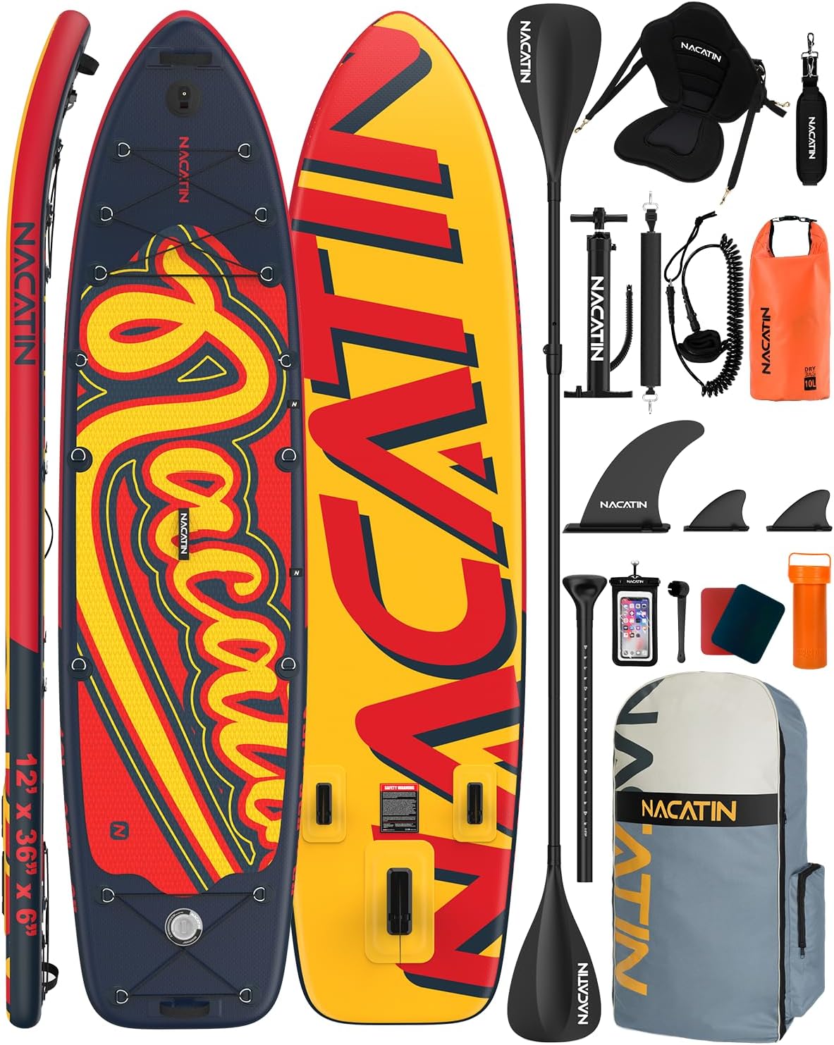 71ybtfAbp4L._AC_SL1500 NACATIN 366cm (12ft) aufblasbares SUP Board mit Sitz, breites 91cm (36in) Stand Up Paddling Board für Erwachsene & Familie, mit Einzel-/Doppelpaddel, Kajaksitz, stabiles breites Deck für Anfänger