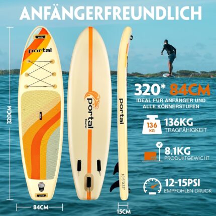 Portal Stand Up Paddle Board, 10'6x33x6 Aufblasbare Paddle Boards mit SUP-Zubehör inklusive Tragetasche, Handpumpe, Paddel, Leine, Flosse, Reparaturset, wasserdichte Handyhülle