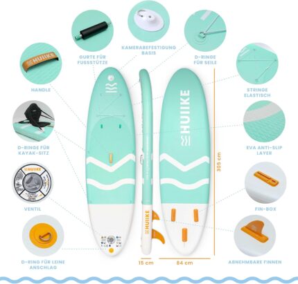 HUIIKE Stand Up Paddling Board mit Zubehör, Paddel, Finnen, Pumpe. Paddle Sup Board Aufblasbar Hohe Stabilität und Widerstandsfähigkeit. 305 × 84 × 15 cm, Belastbar bis 130 kg