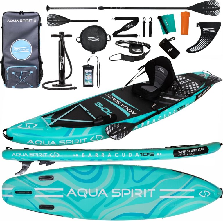 Aqua Spirit Sup Board mit Sitz | Kajak Aufblasbar Barracuda Stand Up Paddling Board 320x81x15cm Für Standup Paddle Board bis 150KG mit Sup Sitz, Doppelpaddel, Pumpe, Tasche & Zubehör Sup Set