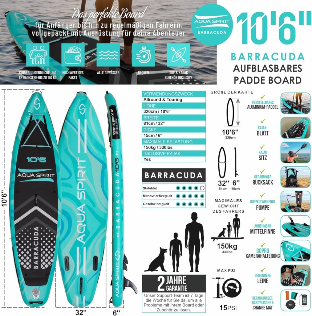 Aqua Spirit Sup Board mit Sitz | Kajak Aufblasbar Barracuda Stand Up Paddling Board 320x81x15cm Für Standup Paddle Board bis 150KG mit Sup Sitz, Doppelpaddel, Pumpe, Tasche & Zubehör Sup Set
