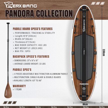 TIGERXBANG SUP-Board, Stand-Up-Paddling-Board | 10'8" 330 x 86 x 15 cm | mit Premium-Komplett-Aufblas-SUP-Zubehör, extra breite Paddleboards für Erwachsene und Kinder-Pandora-Kollektion