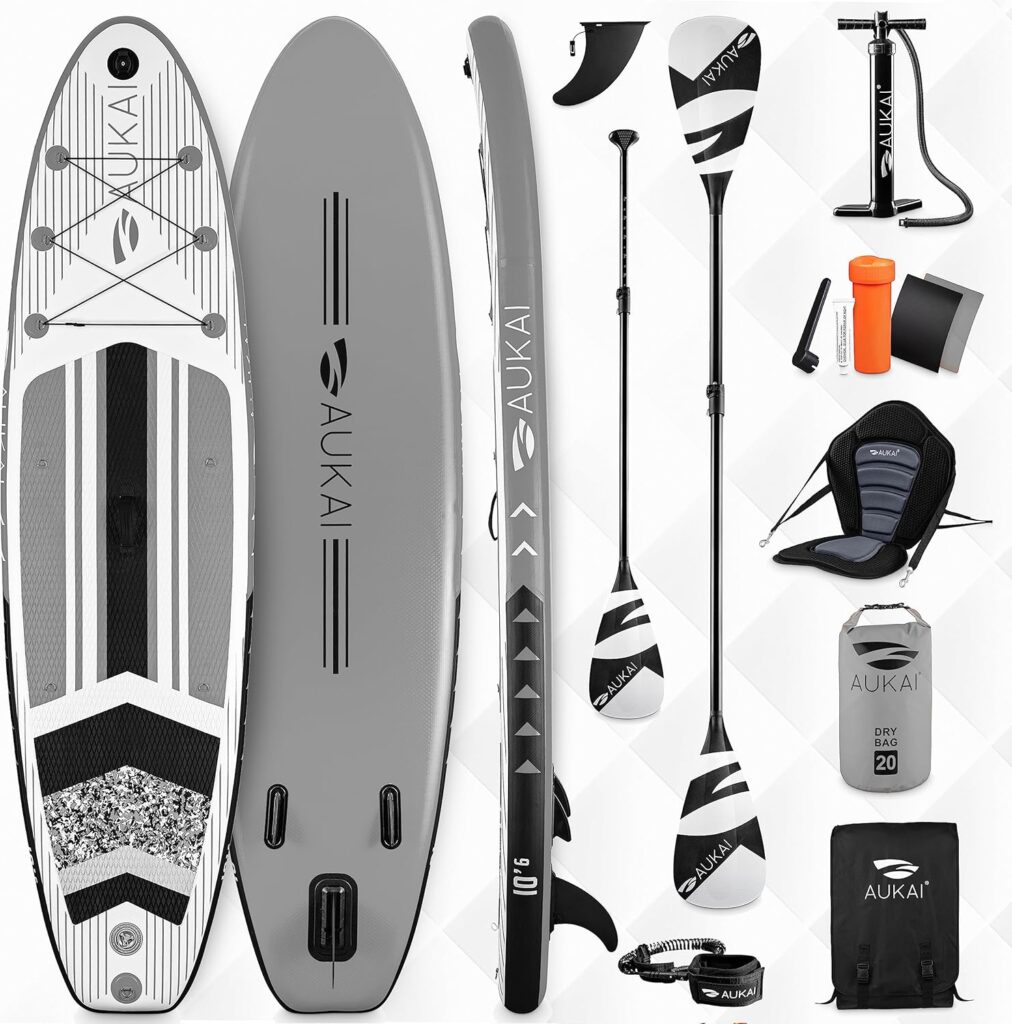 AUKAI SUP Board PRO 320cm | 2in1 Aufblasbares Stand up Paddle Set mit Kajak-Sitz | 5 Jahre Garantie | Komplettsett | Sitz, Action-Cam-Halterung, Pumpe