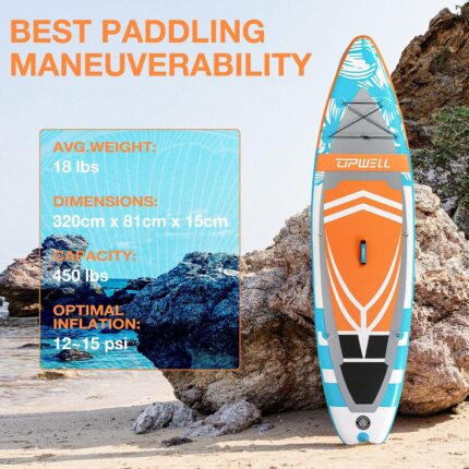 UPWELL Premium Stand Up Paddling Board Aufblasbar, SUP Board Set mit Sitz, 204kg Tragkraft für 2 Personen, Komplettes Zubehör inkl. Verstellbarem Paddel für Anfänger